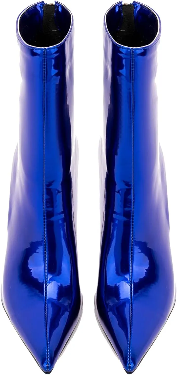 LEHOOR Women Stiletto High heel Mid Calf Boots Pointed Toe Zipper Metallic Patent Leather 5 Inch Heel Short Ankle Booties Zip Up Gogo Boots Bridal Wedding Ball Prom Winter Fall Dress Boots 4-11 M US