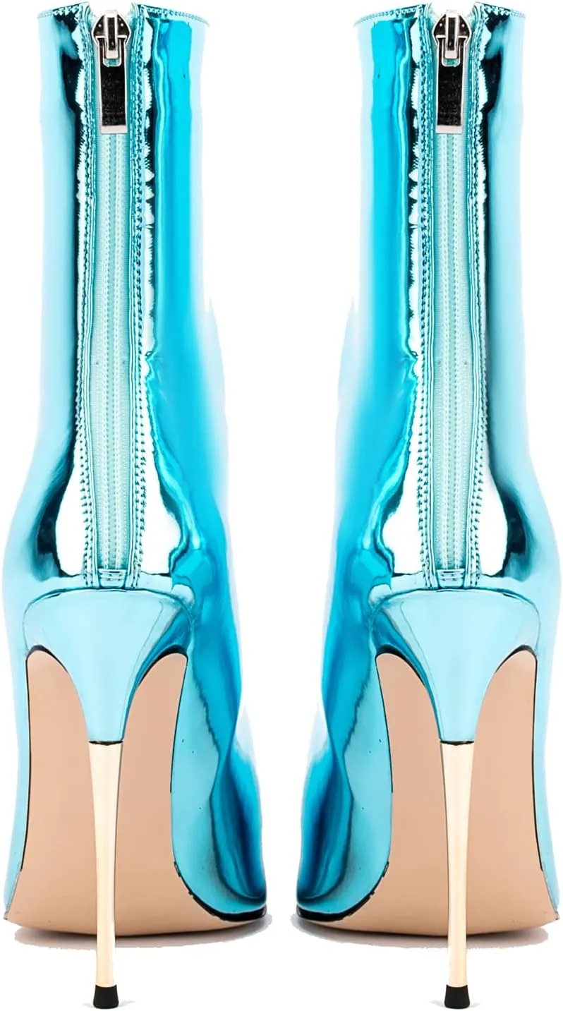 LEHOOR Women Stiletto High heel Mid Calf Boots Pointed Toe Zipper Metallic Patent Leather 5 Inch Heel Short Ankle Booties Zip Up Gogo Boots Bridal Wedding Ball Prom Winter Fall Dress Boots 4-11 M US