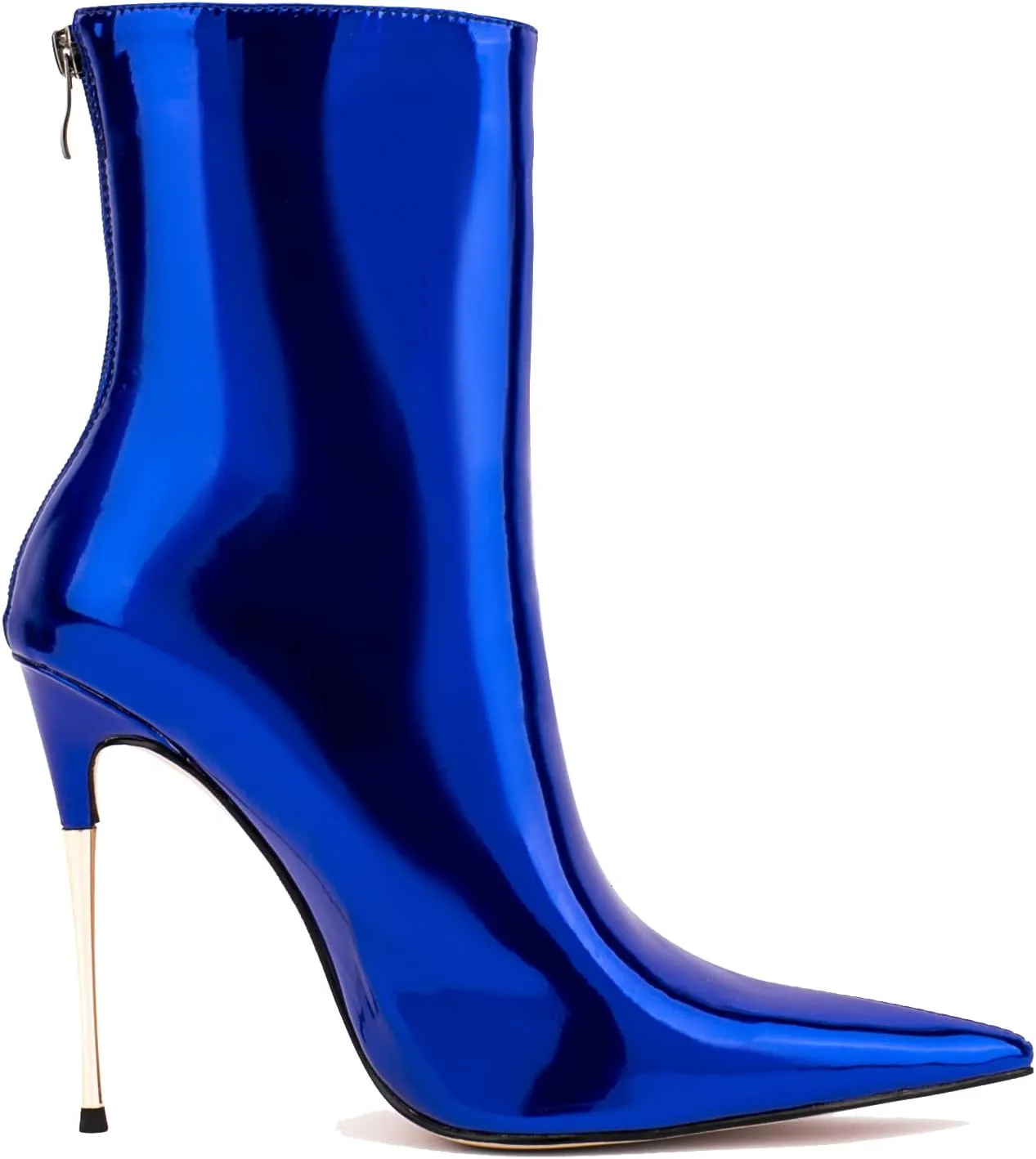 LEHOOR Women Stiletto High heel Mid Calf Boots Pointed Toe Zipper Metallic Patent Leather 5 Inch Heel Short Ankle Booties Zip Up Gogo Boots Bridal Wedding Ball Prom Winter Fall Dress Boots 4-11 M US