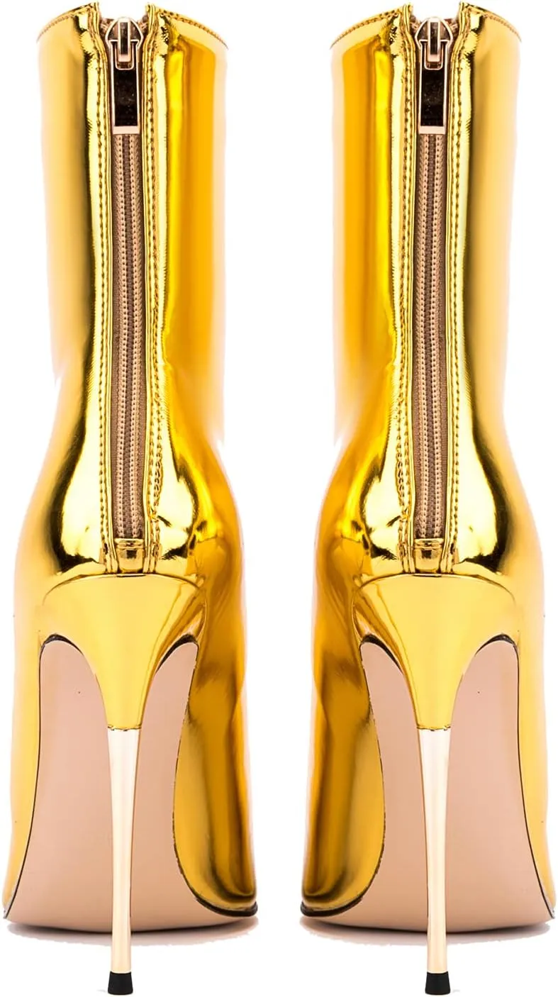 LEHOOR Women Stiletto High heel Mid Calf Boots Pointed Toe Zipper Metallic Patent Leather 5 Inch Heel Short Ankle Booties Zip Up Gogo Boots Bridal Wedding Ball Prom Winter Fall Dress Boots 4-11 M US