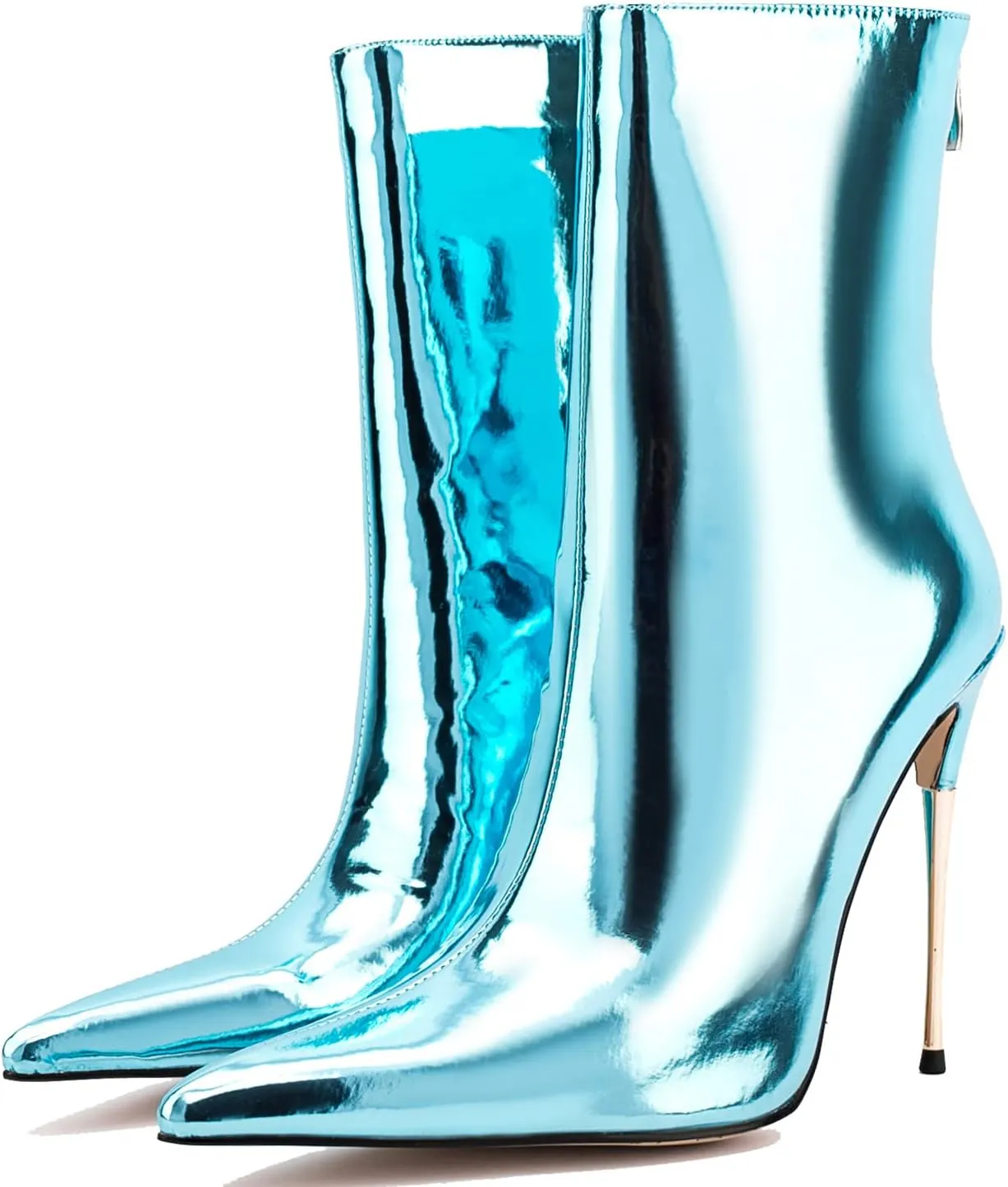 LEHOOR Women Stiletto High heel Mid Calf Boots Pointed Toe Zipper Metallic Patent Leather 5 Inch Heel Short Ankle Booties Zip Up Gogo Boots Bridal Wedding Ball Prom Winter Fall Dress Boots 4-11 M US