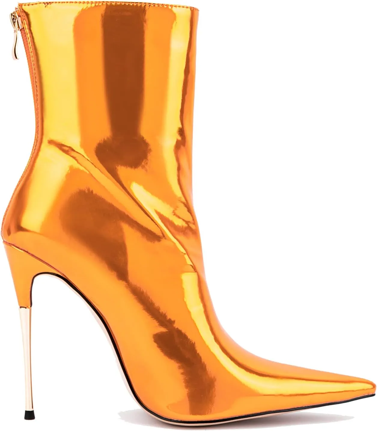 LEHOOR Women Stiletto High heel Mid Calf Boots Pointed Toe Zipper Metallic Patent Leather 5 Inch Heel Short Ankle Booties Zip Up Gogo Boots Bridal Wedding Ball Prom Winter Fall Dress Boots 4-11 M US