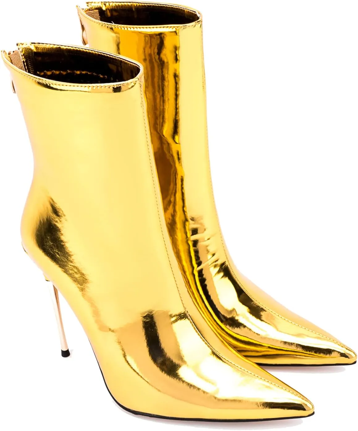 LEHOOR Women Stiletto High heel Mid Calf Boots Pointed Toe Zipper Metallic Patent Leather 5 Inch Heel Short Ankle Booties Zip Up Gogo Boots Bridal Wedding Ball Prom Winter Fall Dress Boots 4-11 M US