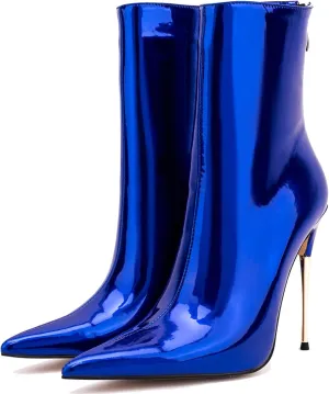 LEHOOR Women Stiletto High heel Mid Calf Boots Pointed Toe Zipper Metallic Patent Leather 5 Inch Heel Short Ankle Booties Zip Up Gogo Boots Bridal Wedding Ball Prom Winter Fall Dress Boots 4-11 M US