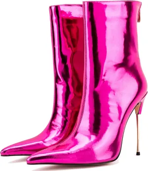 LEHOOR Women Stiletto High heel Mid Calf Boots Pointed Toe Zipper Metallic Patent Leather 5 Inch Heel Short Ankle Booties Zip Up Gogo Boots Bridal Wedding Ball Prom Winter Fall Dress Boots 4-11 M US