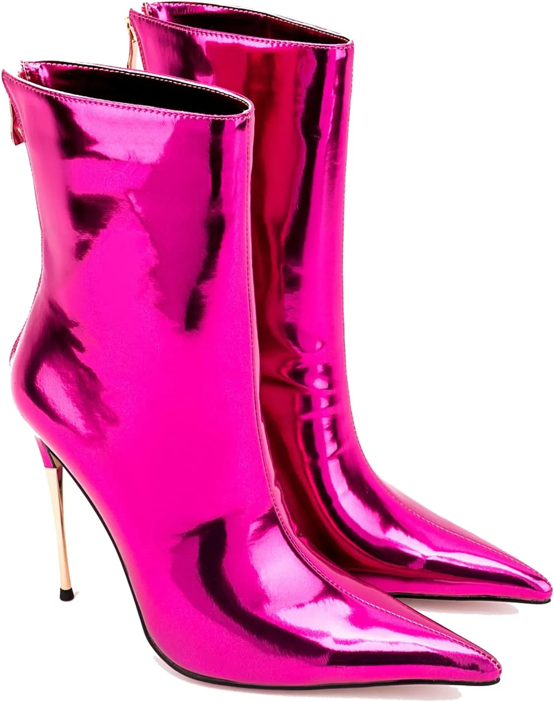LEHOOR Women Stiletto High heel Mid Calf Boots Pointed Toe Zipper Metallic Patent Leather 5 Inch Heel Short Ankle Booties Zip Up Gogo Boots Bridal Wedding Ball Prom Winter Fall Dress Boots 4-11 M US