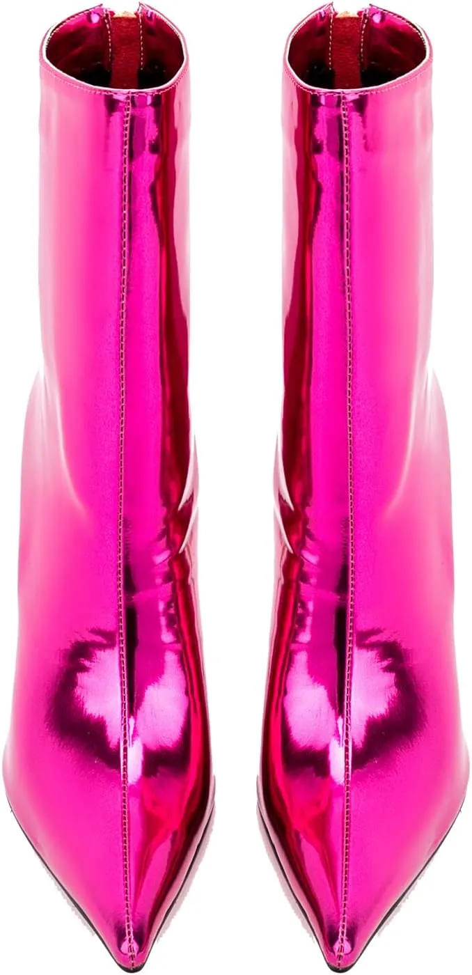 LEHOOR Women Stiletto High heel Mid Calf Boots Pointed Toe Zipper Metallic Patent Leather 5 Inch Heel Short Ankle Booties Zip Up Gogo Boots Bridal Wedding Ball Prom Winter Fall Dress Boots 4-11 M US