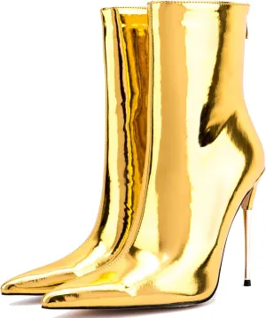 LEHOOR Women Stiletto High heel Mid Calf Boots Pointed Toe Zipper Metallic Patent Leather 5 Inch Heel Short Ankle Booties Zip Up Gogo Boots Bridal Wedding Ball Prom Winter Fall Dress Boots 4-11 M US