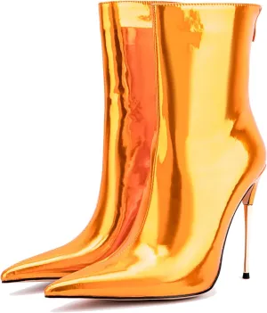 LEHOOR Women Stiletto High heel Mid Calf Boots Pointed Toe Zipper Metallic Patent Leather 5 Inch Heel Short Ankle Booties Zip Up Gogo Boots Bridal Wedding Ball Prom Winter Fall Dress Boots 4-11 M US