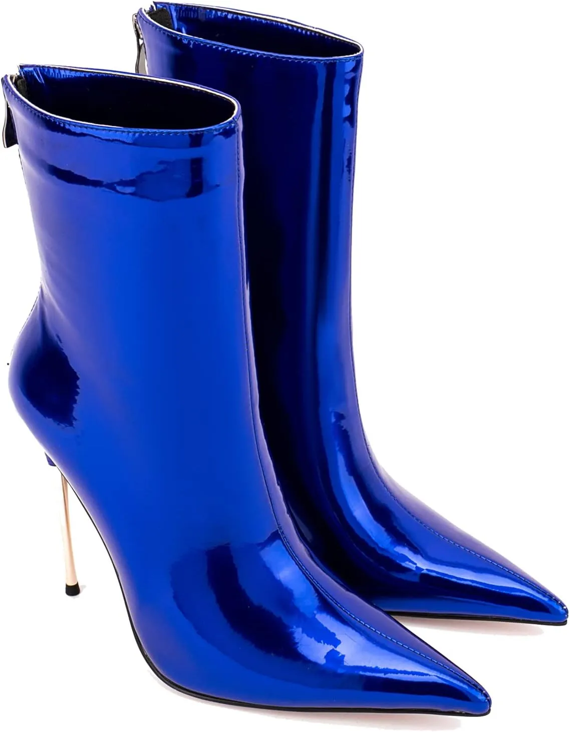 LEHOOR Women Stiletto High heel Mid Calf Boots Pointed Toe Zipper Metallic Patent Leather 5 Inch Heel Short Ankle Booties Zip Up Gogo Boots Bridal Wedding Ball Prom Winter Fall Dress Boots 4-11 M US
