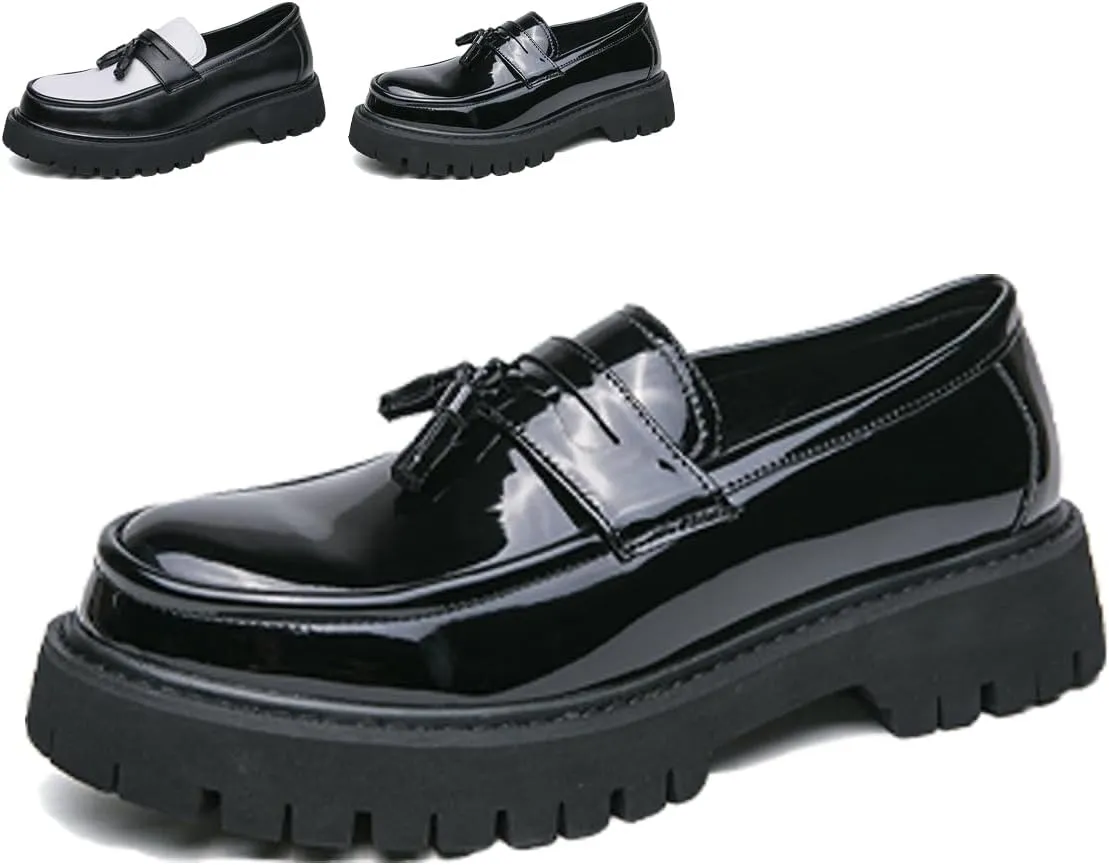 Men's Black Soft Patent Leather Thick-Soled Chunky Heel Loafers, Slip-On Fashion Formal Tassel Non-Slip Low-Top Round Toe Penny Shoes Suitable for Business Formal Casual Dance Party