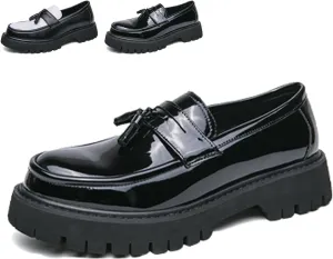 Men's Black Soft Patent Leather Thick-Soled Chunky Heel Loafers, Slip-On Fashion Formal Tassel Non-Slip Low-Top Round Toe Penny Shoes Suitable for Business Formal Casual Dance Party