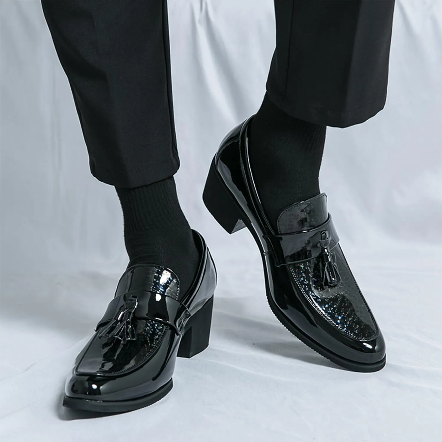 Men's Classic Loafers Patent Leather Slip on Loafers Tassel Block Heel Comfort Business Casual Dress Shoes