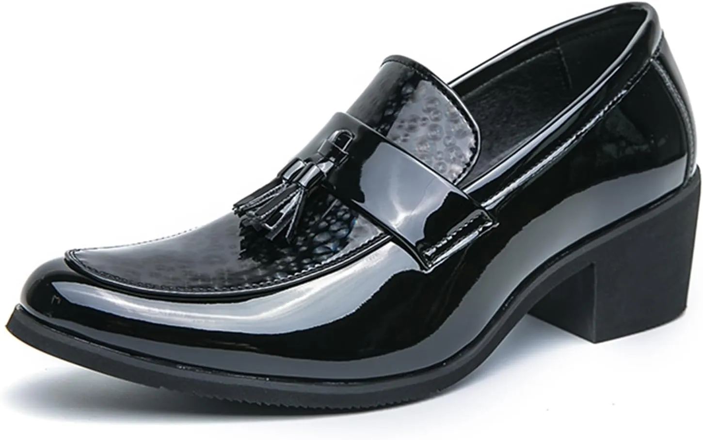 Men's Classic Loafers Patent Leather Slip on Loafers Tassel Block Heel Comfort Business Casual Dress Shoes