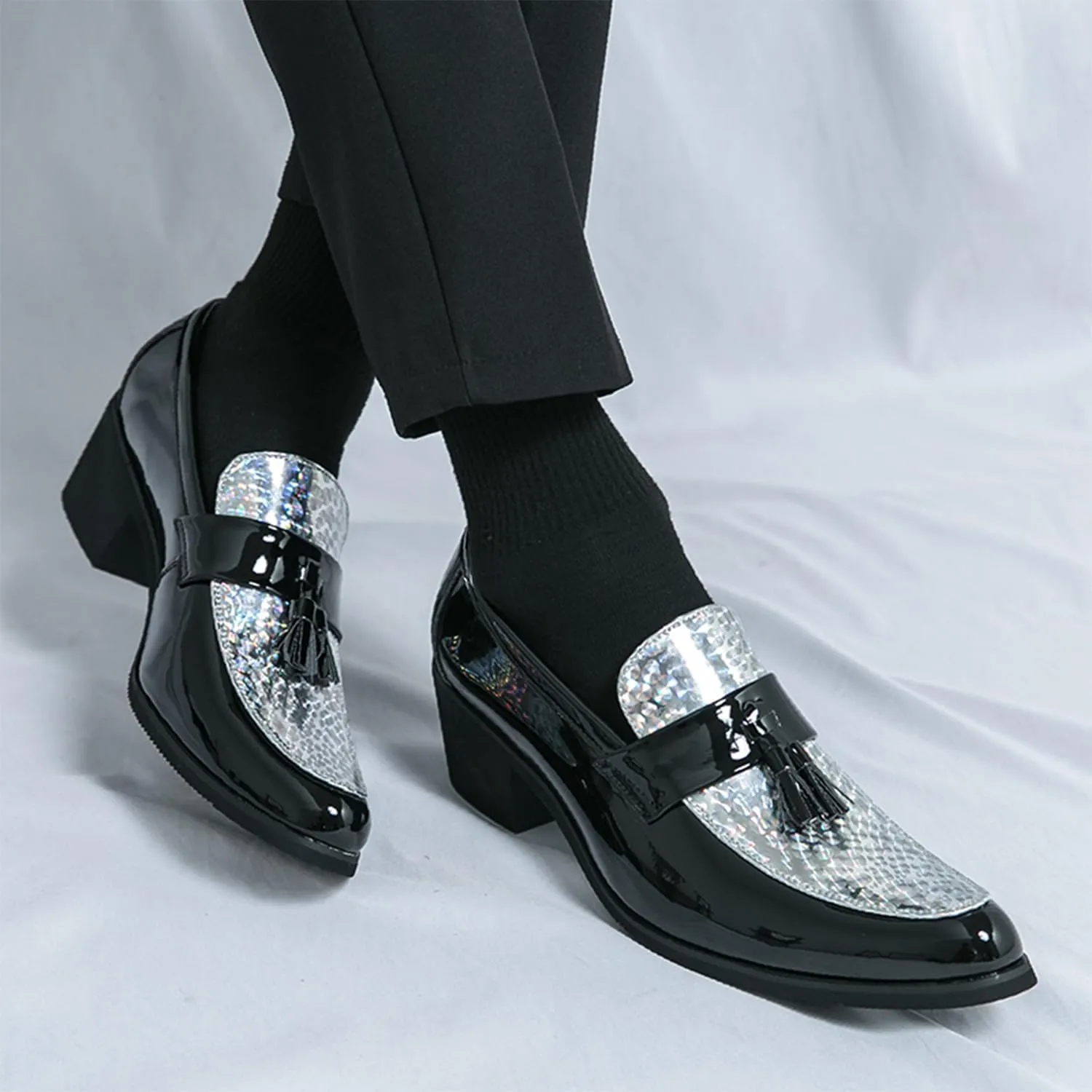 Men's Classic Loafers Patent Leather Slip on Loafers Tassel Block Heel Comfort Business Casual Dress Shoes