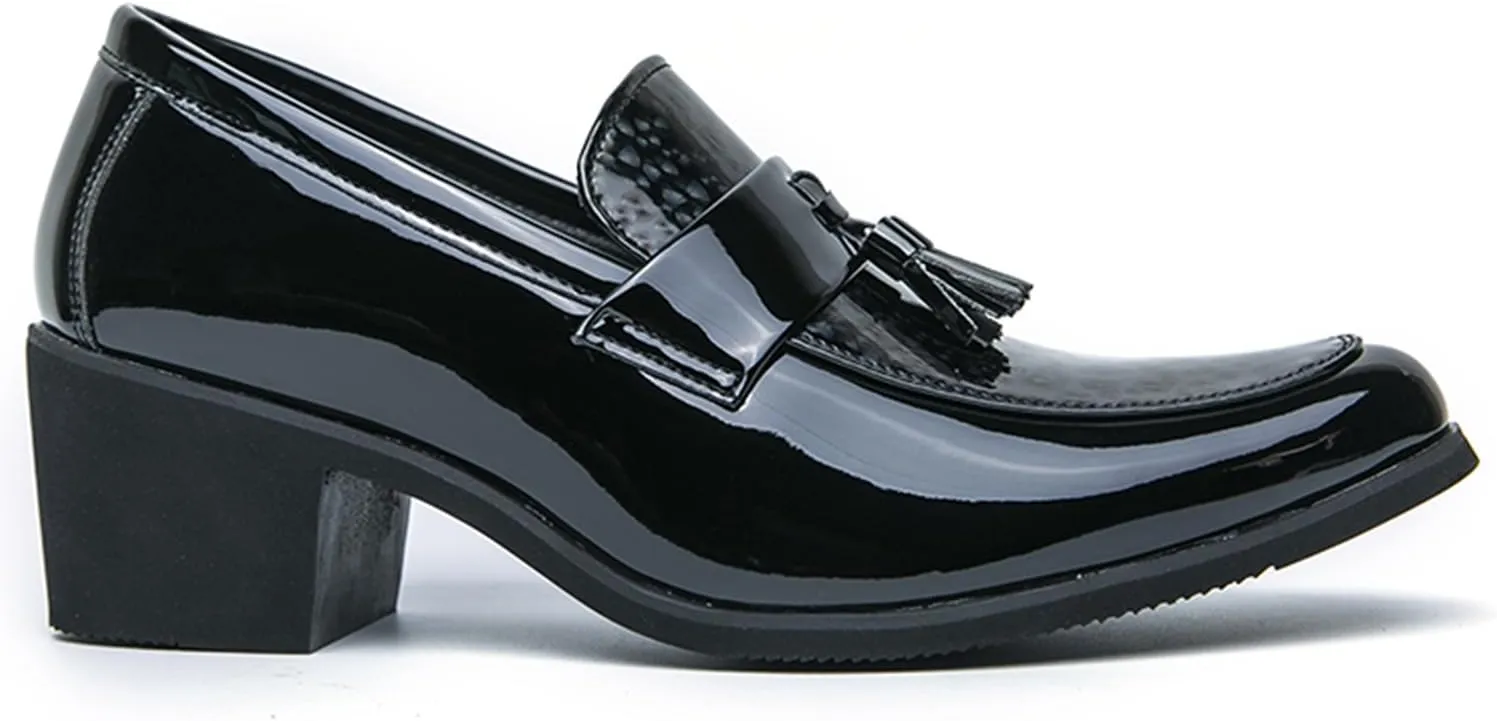 Men's Classic Loafers Patent Leather Slip on Loafers Tassel Block Heel Comfort Business Casual Dress Shoes