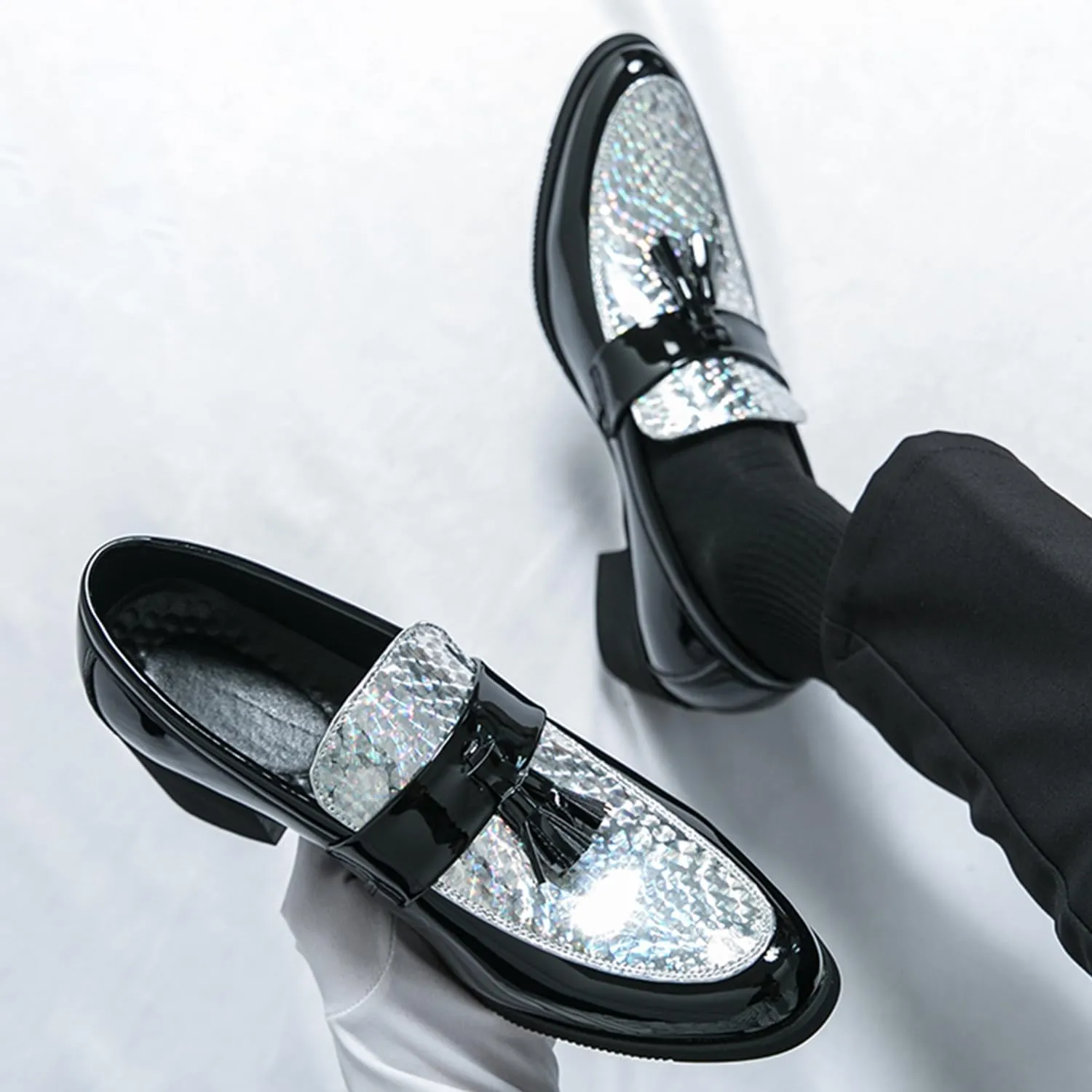 Men's Classic Loafers Patent Leather Slip on Loafers Tassel Block Heel Comfort Business Casual Dress Shoes