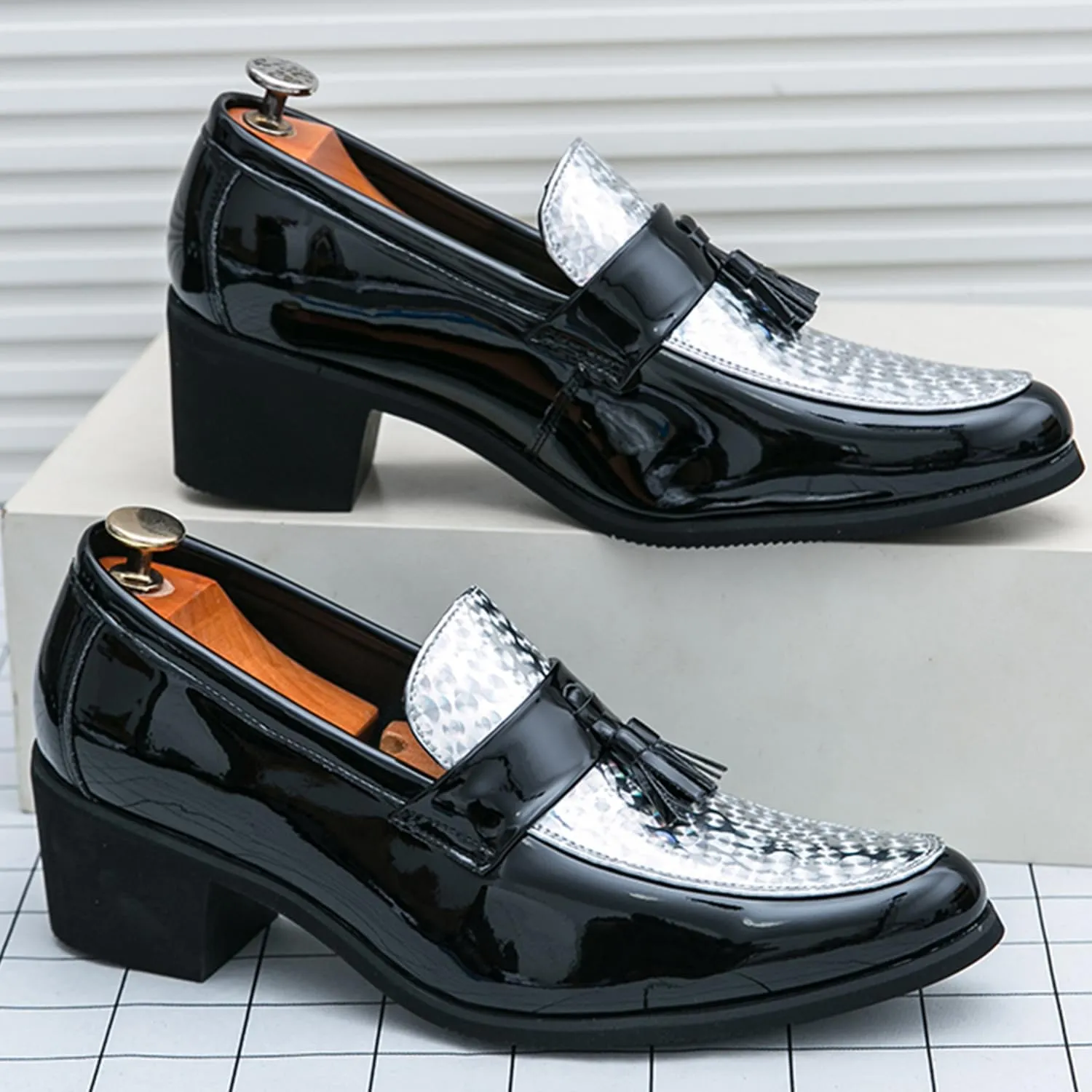 Men's Classic Loafers Patent Leather Slip on Loafers Tassel Block Heel Comfort Business Casual Dress Shoes
