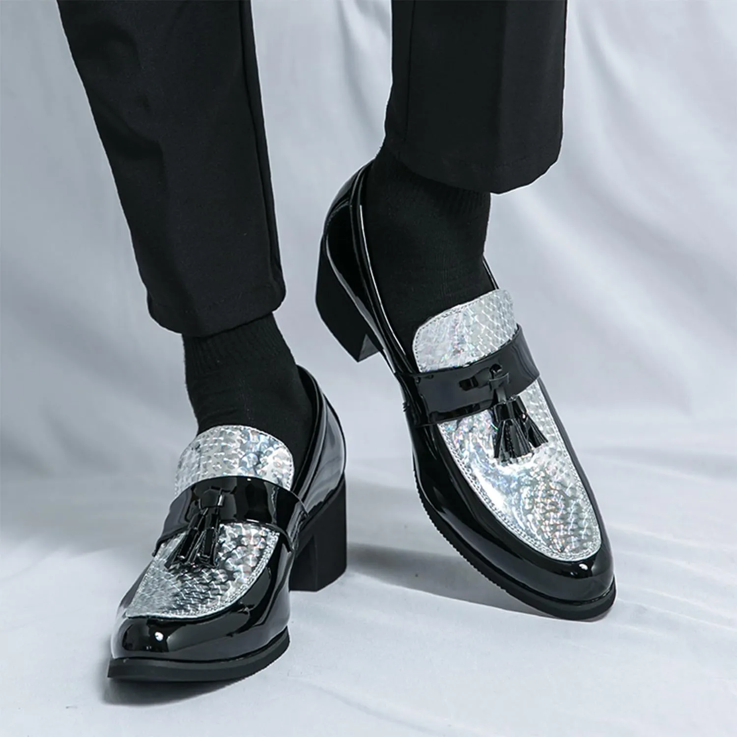 Men's Classic Loafers Patent Leather Slip on Loafers Tassel Block Heel Comfort Business Casual Dress Shoes