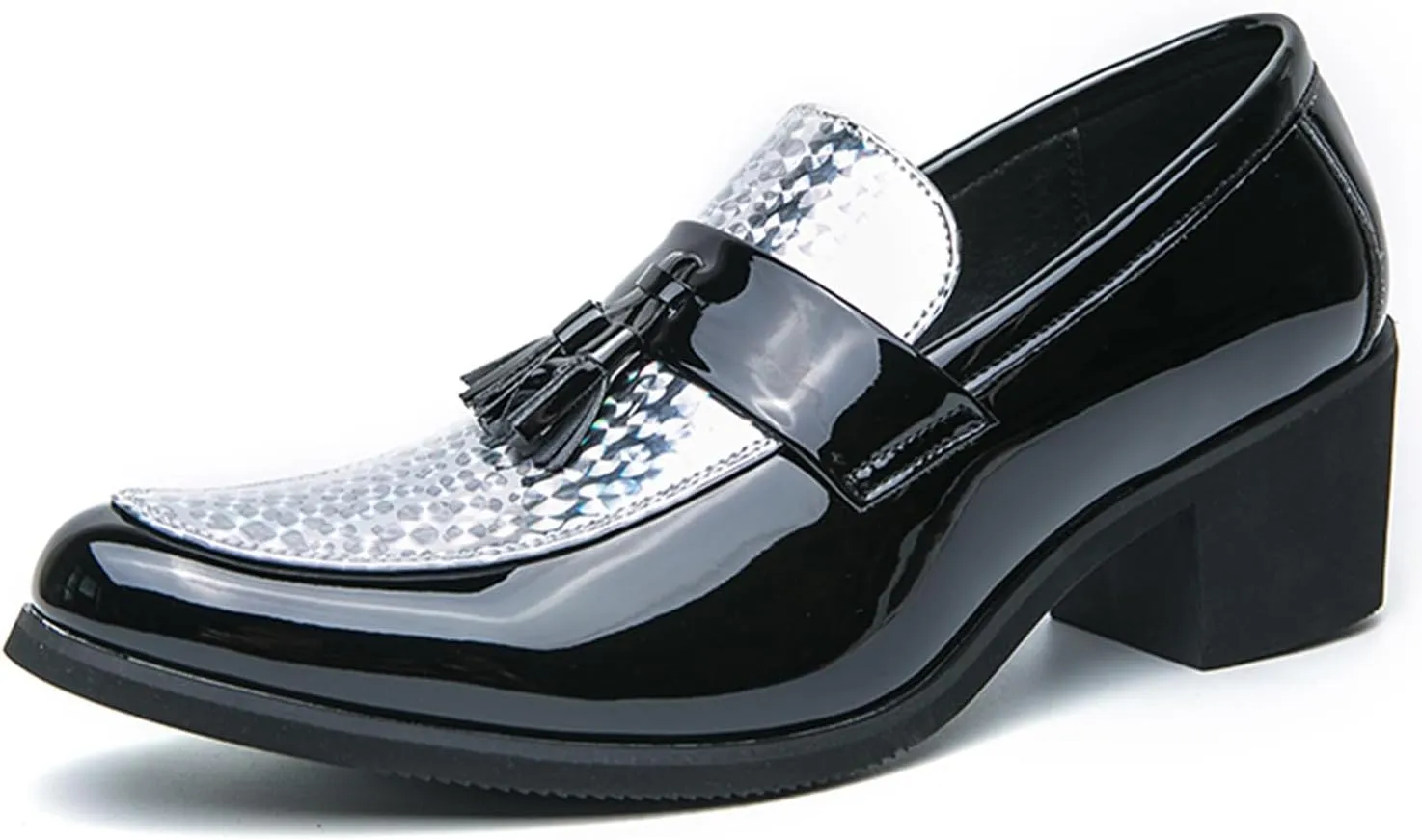 Men's Classic Loafers Patent Leather Slip on Loafers Tassel Block Heel Comfort Business Casual Dress Shoes
