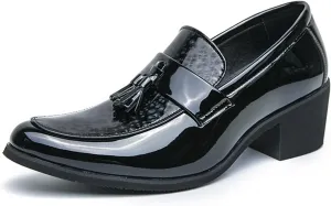 Men's Classic Loafers Patent Leather Slip on Loafers Tassel Block Heel Comfort Business Casual Dress Shoes