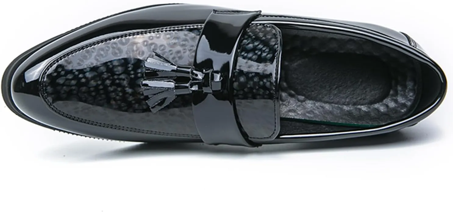 Men's Classic Loafers Patent Leather Slip on Loafers Tassel Block Heel Comfort Business Casual Dress Shoes