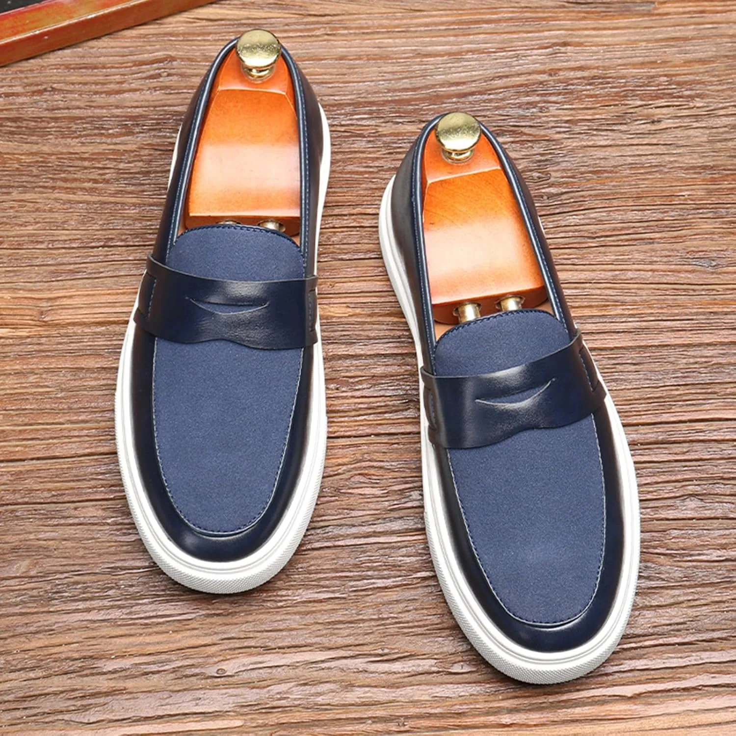 Men's Fashion Round Toe Loafers Dress Shoes Suede Leather Slip On Casual Penny Walking Shoes for Driving Dating
