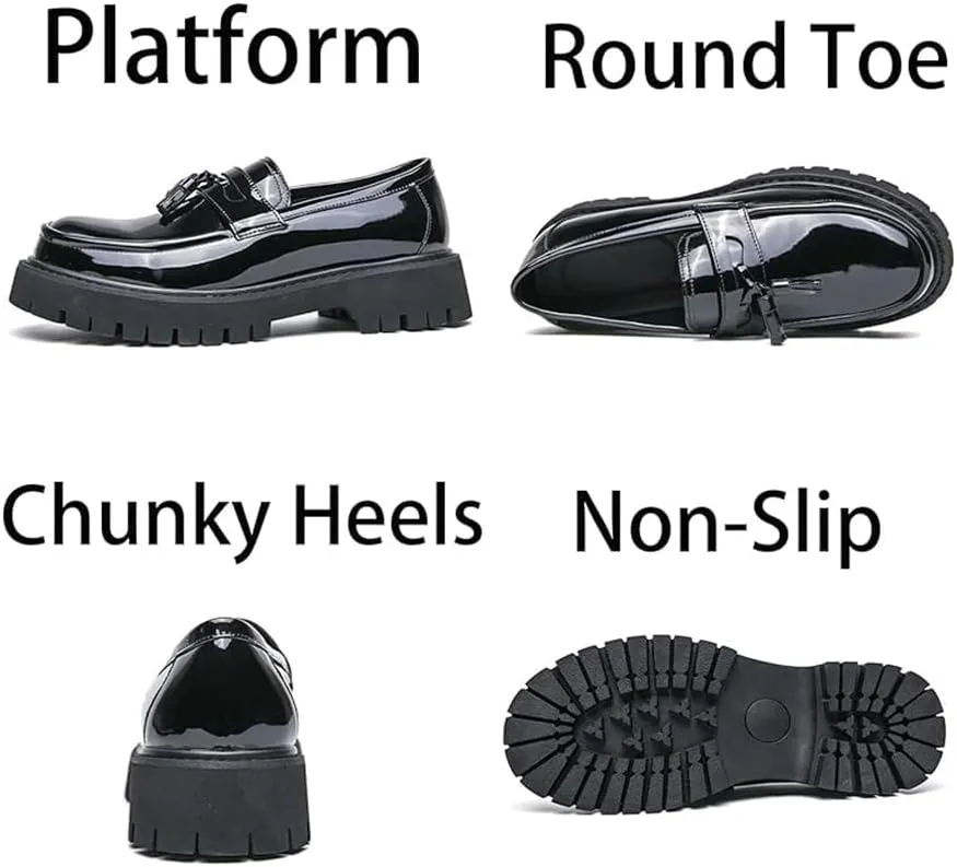 Men's Fashion Tassel Platform Loafers, Slip-On Casual Shoes Fashion Round Toe Non-Slip Lug,Business Casual Work Shoes Dress