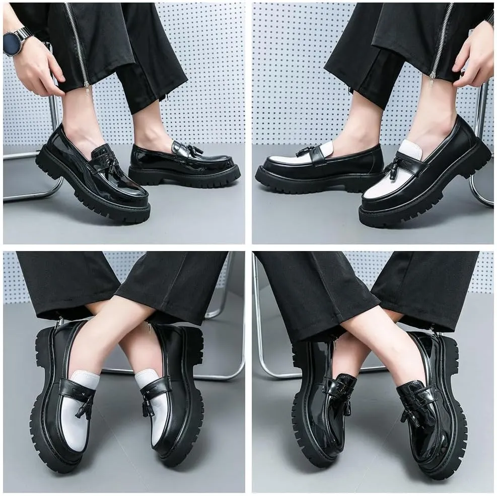 Men's Fashion Tassel Platform Loafers, Slip-On Casual Shoes Fashion Round Toe Non-Slip Lug,Business Casual Work Shoes Dress