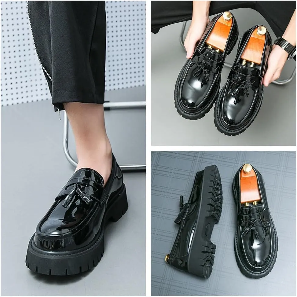 Men's Fashion Tassel Platform Loafers, Slip-On Casual Shoes Fashion Round Toe Non-Slip Lug,Business Casual Work Shoes Dress
