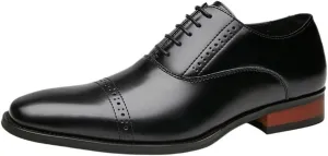 Men's Formal Leather Brogue Cap Toe Oxford Shoes Lace Up Square Burnished Toe Rubber Sole Non Slip Anti-Slip Low Top for Prom
