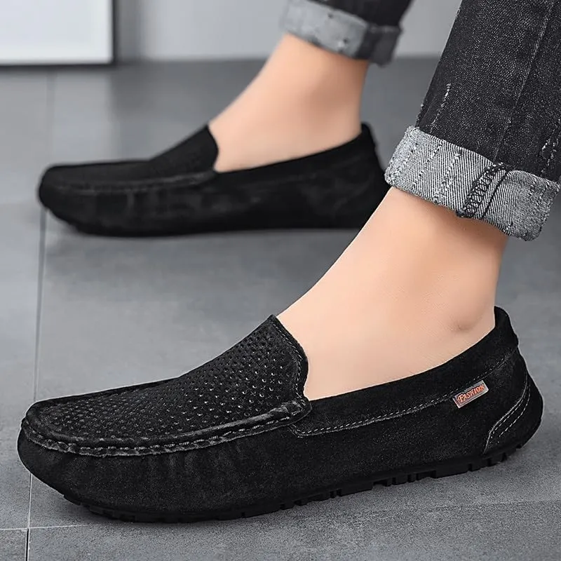 Mens Loafers Round Toe Breathable Suede Vamp Driving Shoes Comfortable Flat Heel Resistant Party Slip On