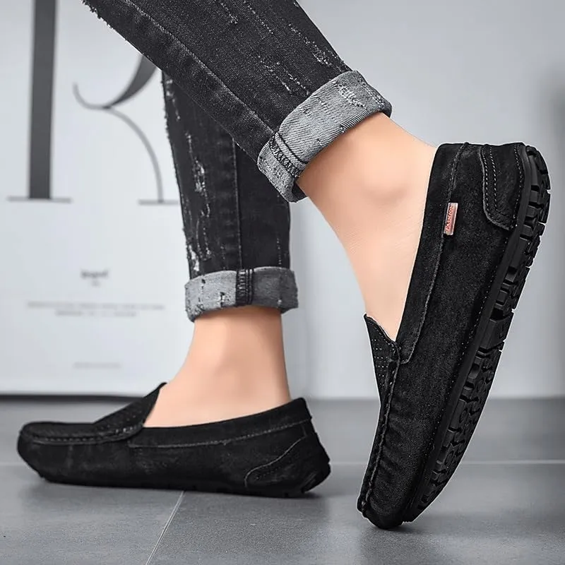 Mens Loafers Round Toe Breathable Suede Vamp Driving Shoes Comfortable Flat Heel Resistant Party Slip On