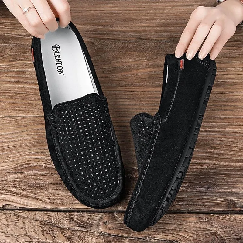 Mens Loafers Round Toe Breathable Suede Vamp Driving Shoes Comfortable Flat Heel Resistant Party Slip On