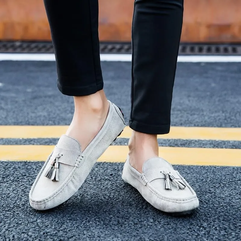 Men's Loafers Shoes Round Toe Solid Color with Tassel Suede Vamp Driving Loafers Comfortable Flexible Anti-Slip Wedding Party Slip On(Khaki,8)