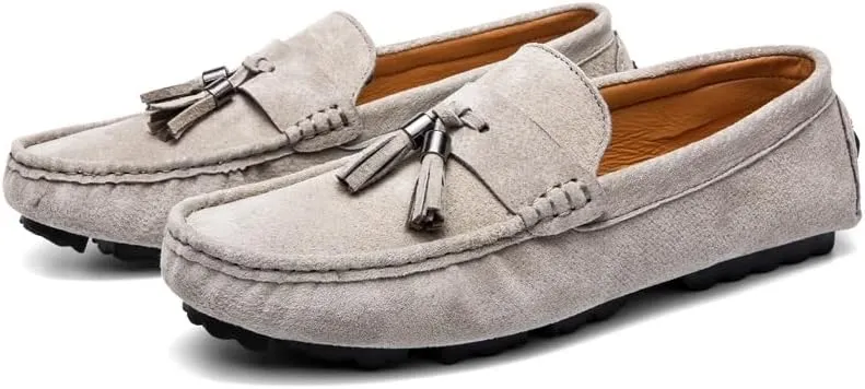 Men's Loafers Shoes Round Toe Solid Color with Tassel Suede Vamp Driving Loafers Comfortable Flexible Anti-Slip Wedding Party Slip On(Khaki,8)