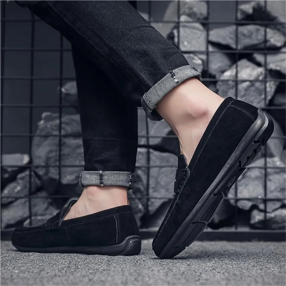Mens Moccasins Shoe Suede Vamp Casual Uniform Round Toe Solid Color Low Top Outdoor Slip-on