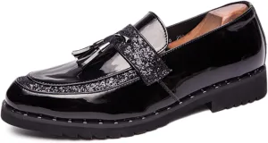 Men's Patent Leather Sequin Tassels Slip On Loafers Fashion Smoking Shoes for Business Wedding Party Formal