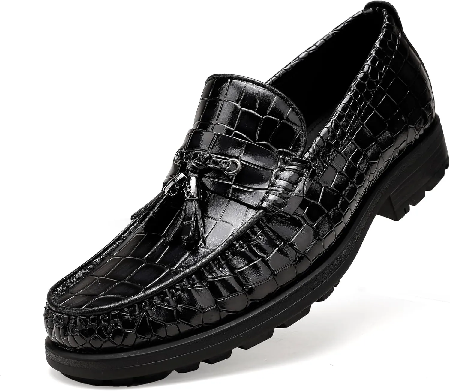 Men's Platform Tassel Loafer, Crocodile Printed Leather Dress Shoes for Mens Business Formal Wedding Porm Party Shoes Casual Slip-On Penny Loafers