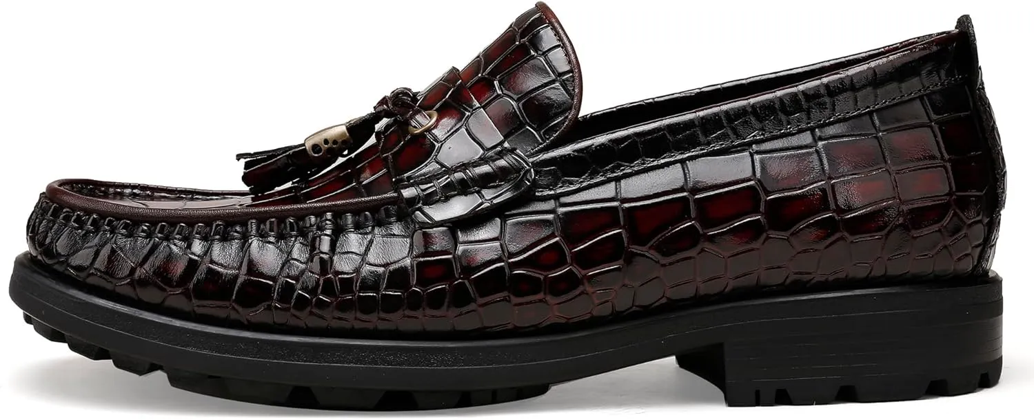 Men's Platform Tassel Loafer, Crocodile Printed Leather Dress Shoes for Mens Business Formal Wedding Porm Party Shoes Casual Slip-On Penny Loafers