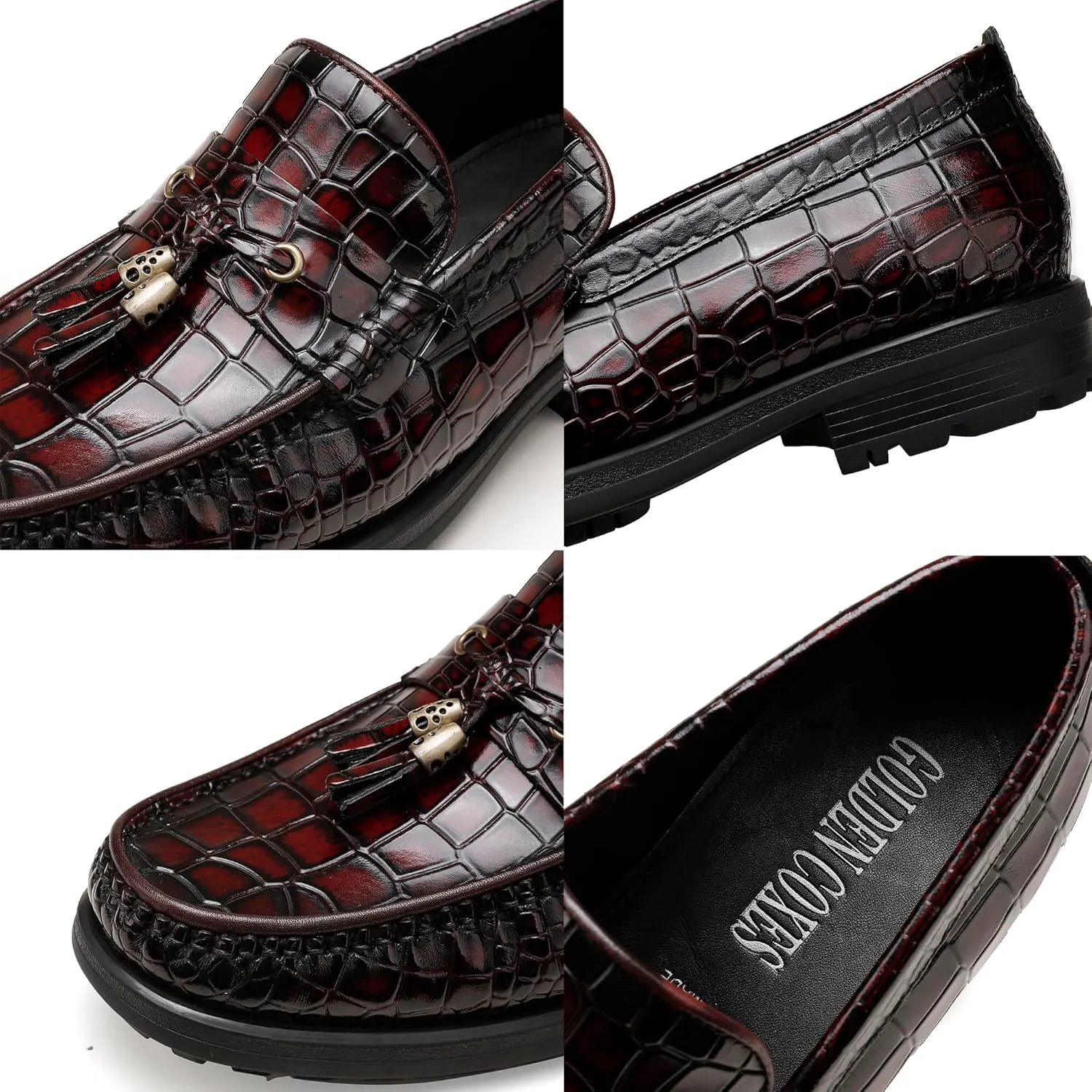 Men's Platform Tassel Loafer, Crocodile Printed Leather Dress Shoes for Mens Business Formal Wedding Porm Party Shoes Casual Slip-On Penny Loafers
