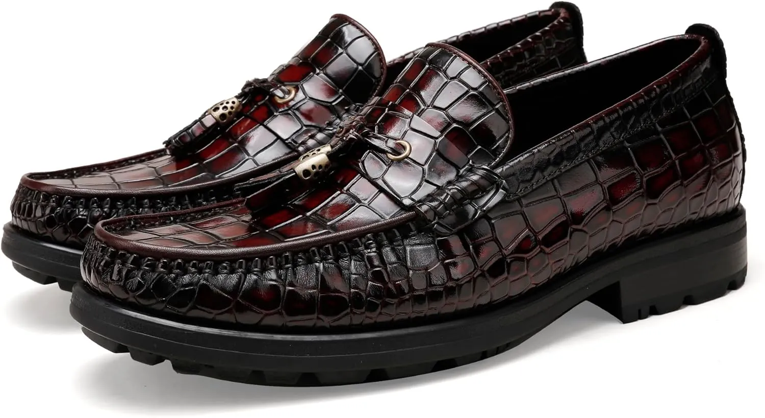 Men's Platform Tassel Loafer, Crocodile Printed Leather Dress Shoes for Mens Business Formal Wedding Porm Party Shoes Casual Slip-On Penny Loafers