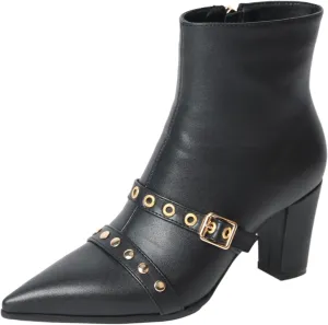MEOTINA Pointed Toe Ankle Boots for Women Dressy Chunky Heel Booties Buckle Block Heels Short Booites with Zipper