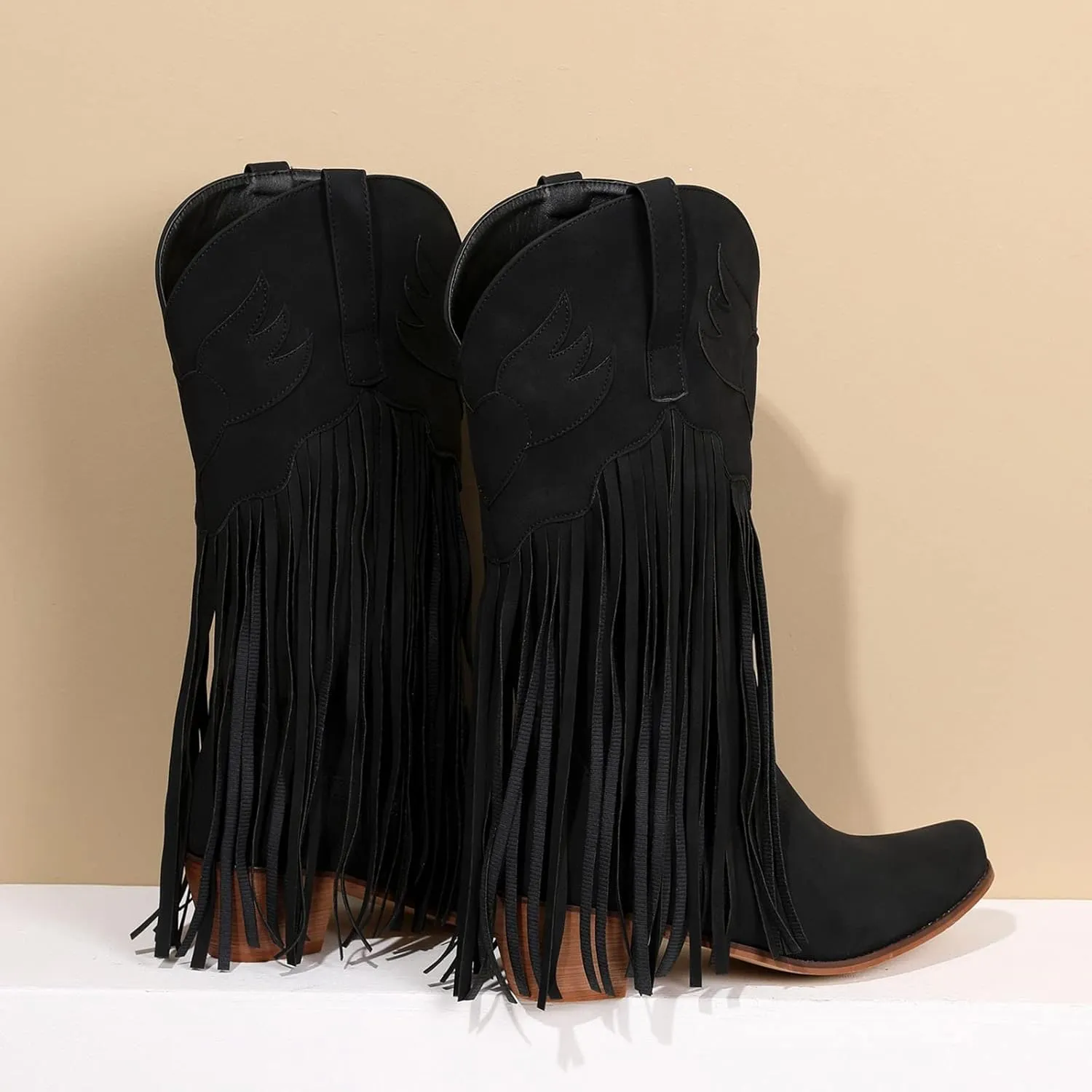 Mid-Calf Boots for Women Fashion Women Mid Calf Boots Cowgirl Tassel Mid Calf Fringe Pointed Toe Chunky Heels Boots