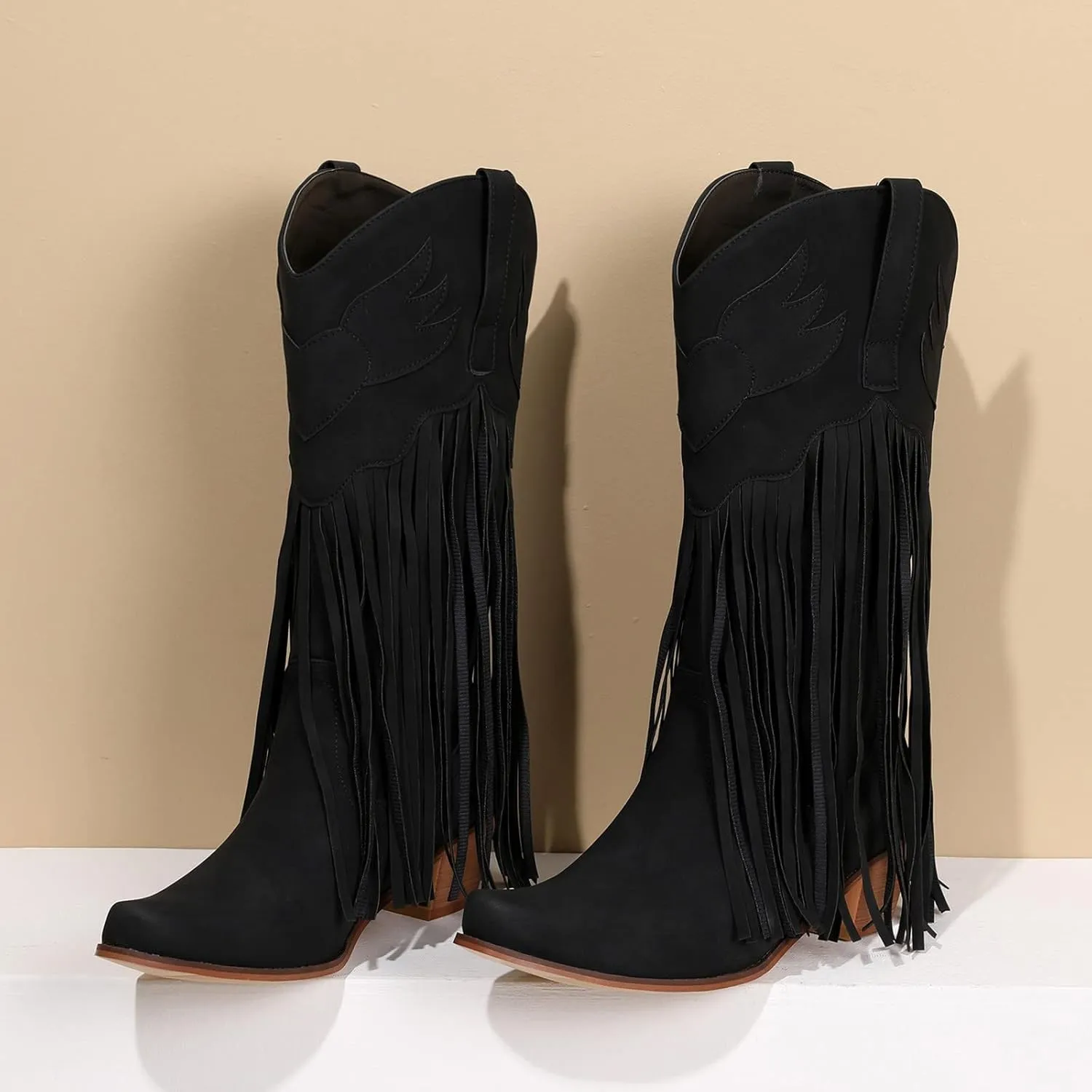 Mid-Calf Boots for Women Fashion Women Mid Calf Boots Cowgirl Tassel Mid Calf Fringe Pointed Toe Chunky Heels Boots