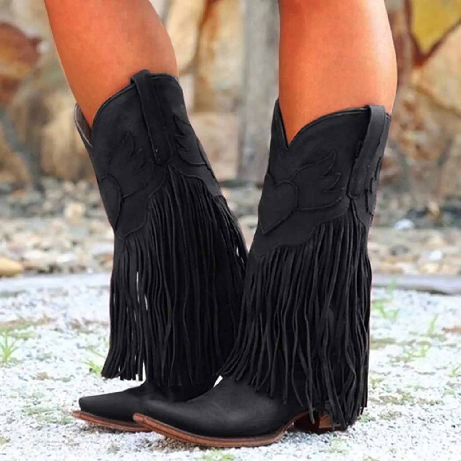 Mid-Calf Boots for Women Fashion Women Mid Calf Boots Cowgirl Tassel Mid Calf Fringe Pointed Toe Chunky Heels Boots