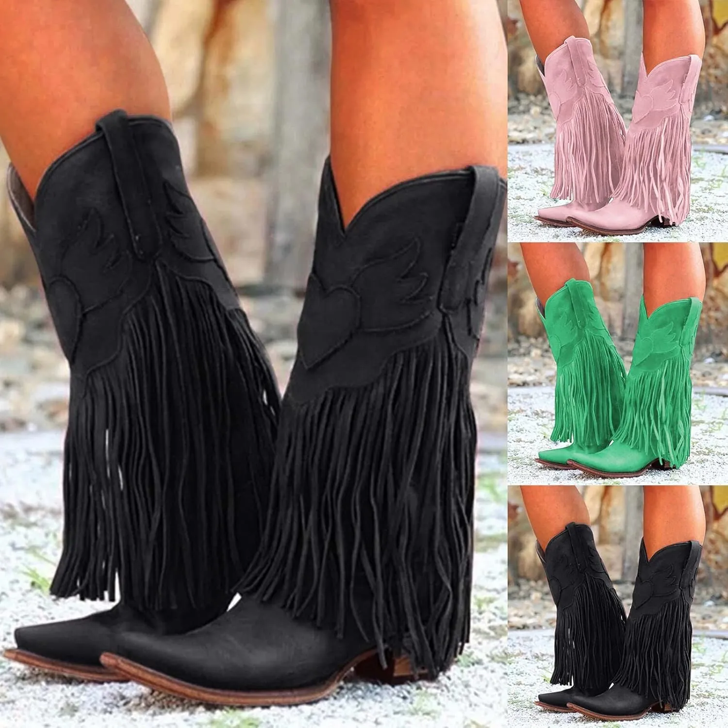 Mid-Calf Boots for Women Fashion Women Mid Calf Boots Cowgirl Tassel Mid Calf Fringe Pointed Toe Chunky Heels Boots