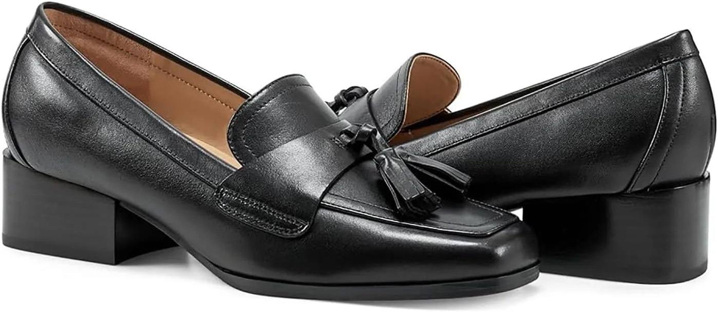 MOOMMO Women Chunky Block High Heel Pumps Square Toe Slip On Loafer Pumps Classic 3 inch High Thick Heel Penny Loafers Oxford Dress Shoes Office Ladies Business Formal Basic 4-11 M US