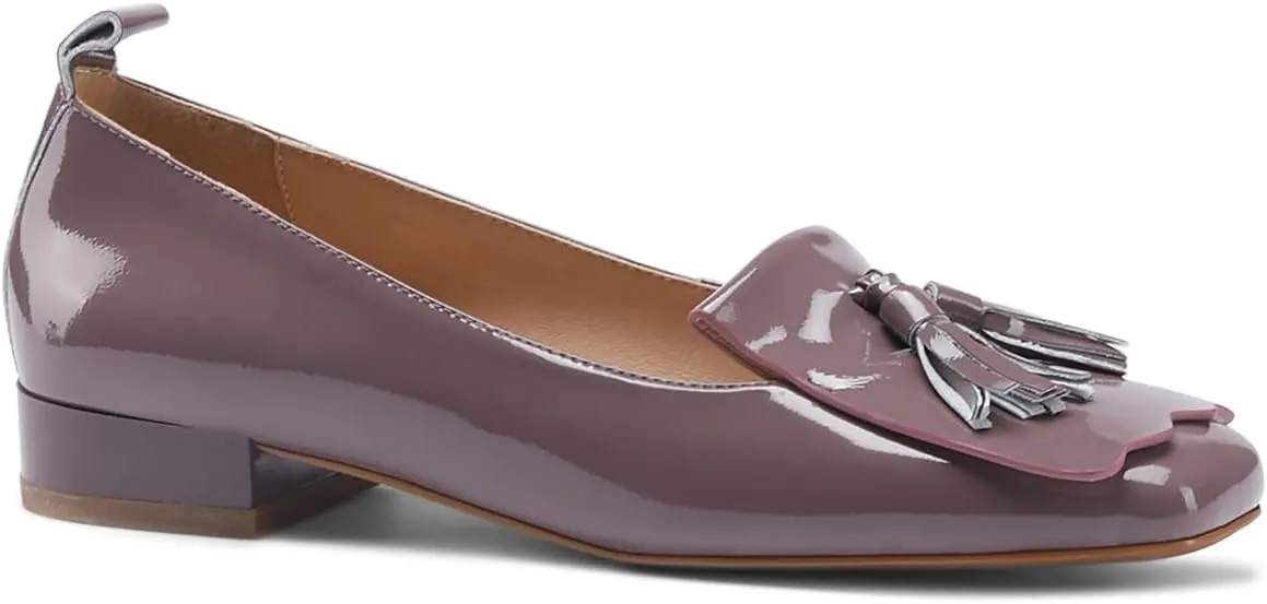 MOOMMO Women Square Toe Tassel Loafer Flats Patent Leather Slip on Fringed Flat Loafers Low Chunky Block Heels Penny Loafers Girls Office Ladies Cute Flats Shoes Casual Work School Fall 4-9 M US