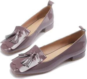 MOOMMO Women Square Toe Tassel Loafer Flats Patent Leather Slip on Fringed Flat Loafers Low Chunky Block Heels Penny Loafers Girls Office Ladies Cute Flats Shoes Casual Work School Fall 4-9 M US